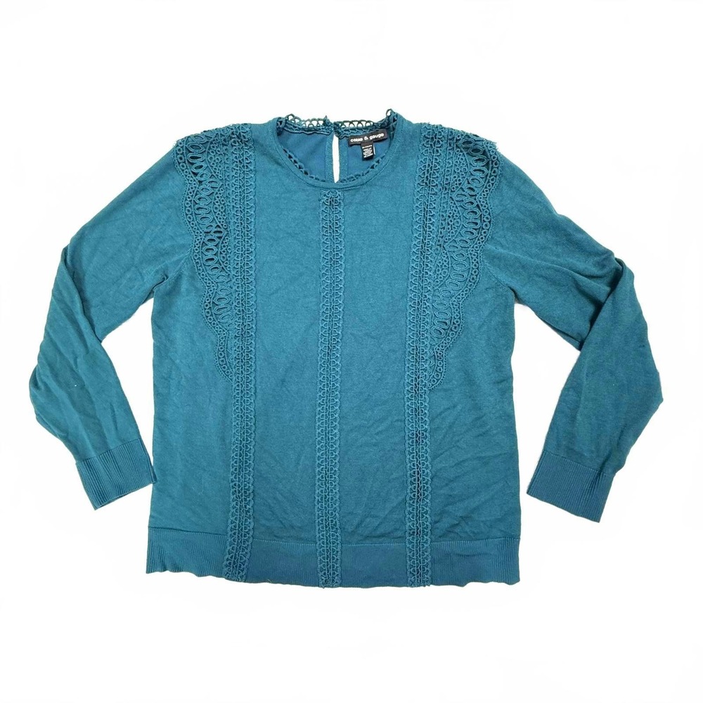 Cable & Gauge Women's Teal‎ Knit Top with Lace Detail XL